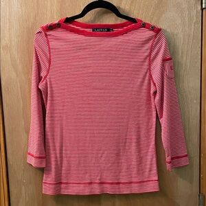 Ralph Lauren red and white striped long sleeve top with button accents size M